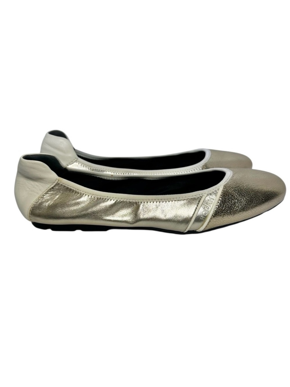 HOGAN Women's NWOB Gold Silver Cream Leather Almond Toe Ballet Flats- Size 9.5